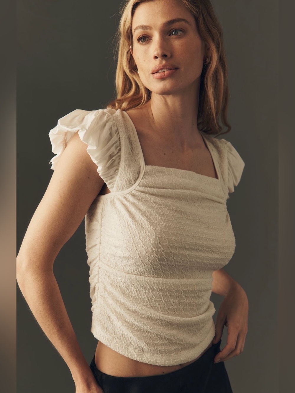Anthropologie Maeve Flutter-Sleeve Square-Neck Top